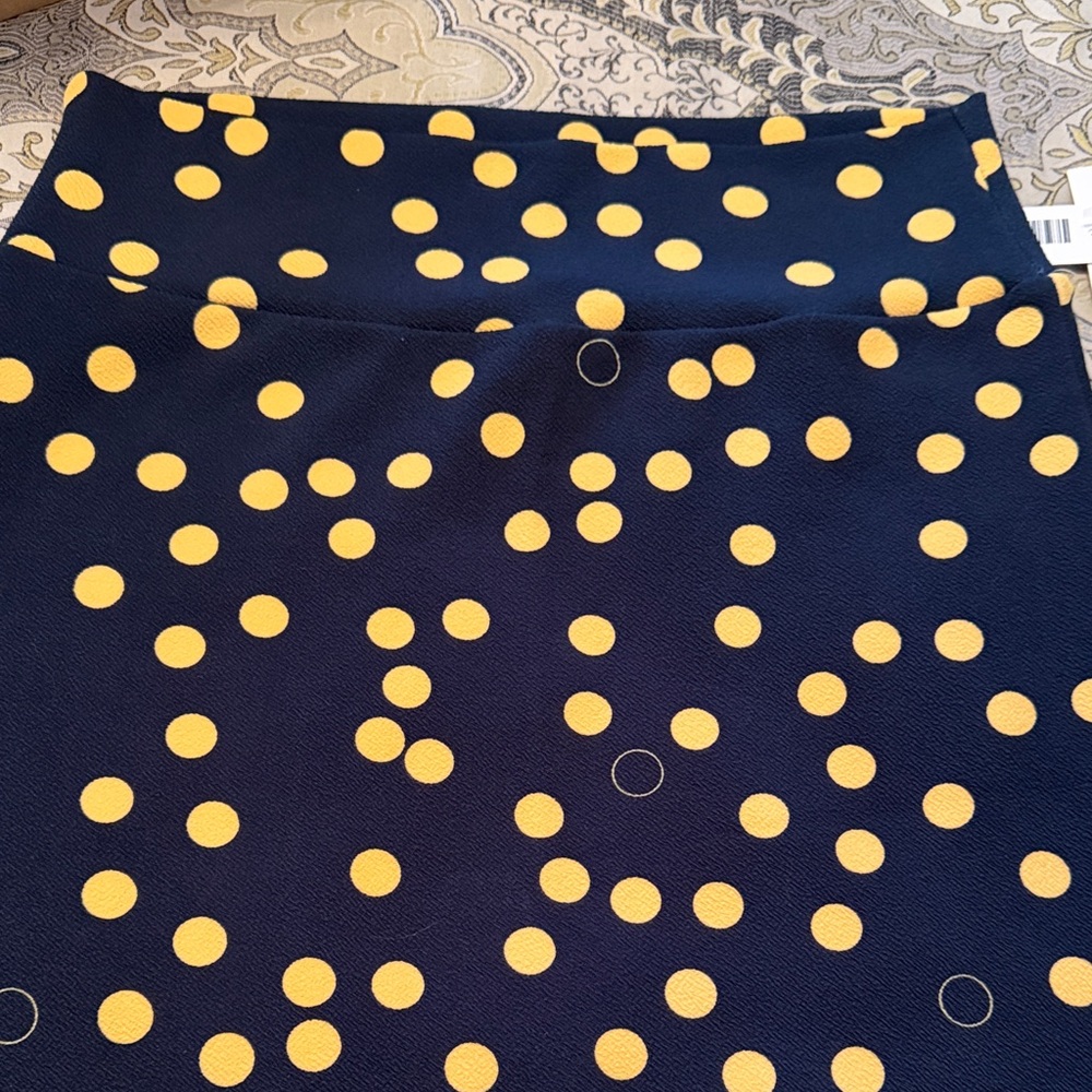 LuLaRoe Dark Blue and Dark Yellow Polka Dot Cassie Pencil Skirt - Picture 4 of 10